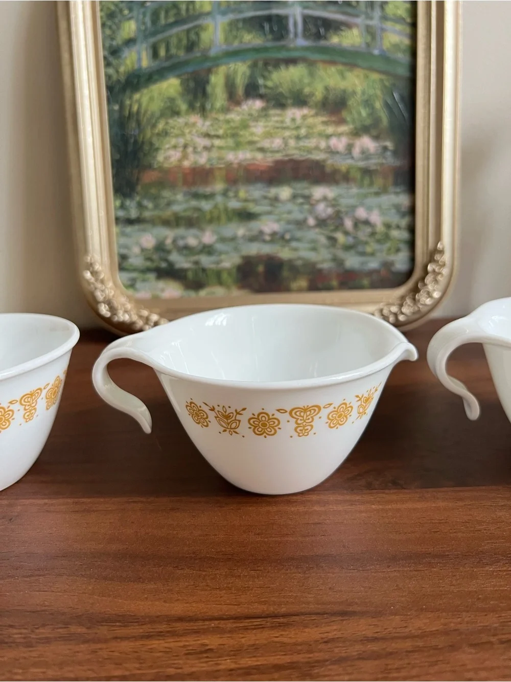 1970s Corelle Butterfly Gold Milk Glass Set of 3, 6 oz White/Gold